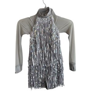 Weissman Silver Fringe Sequined Dance Skating Dress Costume size MC Flapper Tap